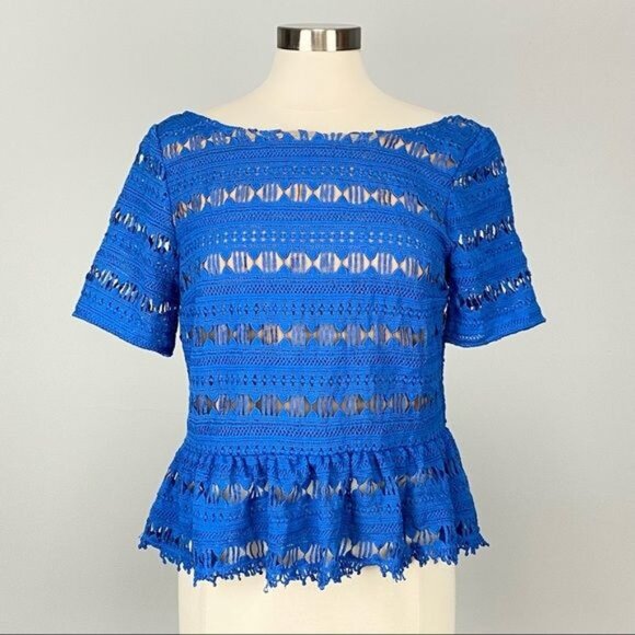 Tracy Reese Womens Blue Lace Short Sleeve Tee Top Scoop Back Flounce Hem size M - Picture 3 of 13